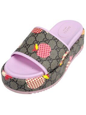 Gucci le Pomme Platform Sandals GG Pattern Shoes Leather Pink Brown